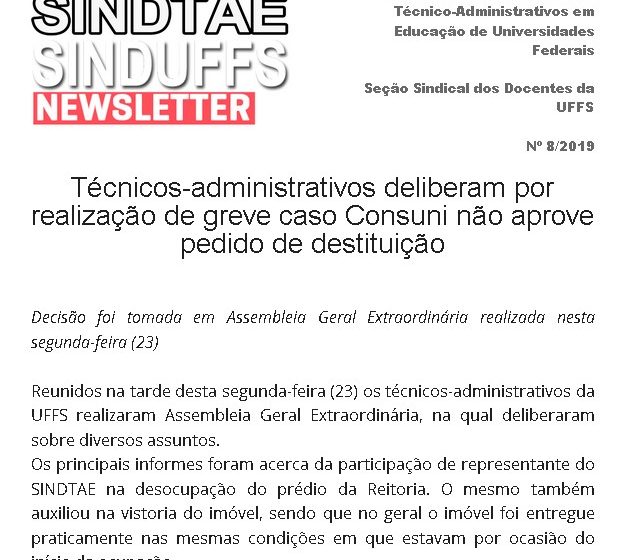 Boletim SINDUFFS-SINDTAE 08/2019