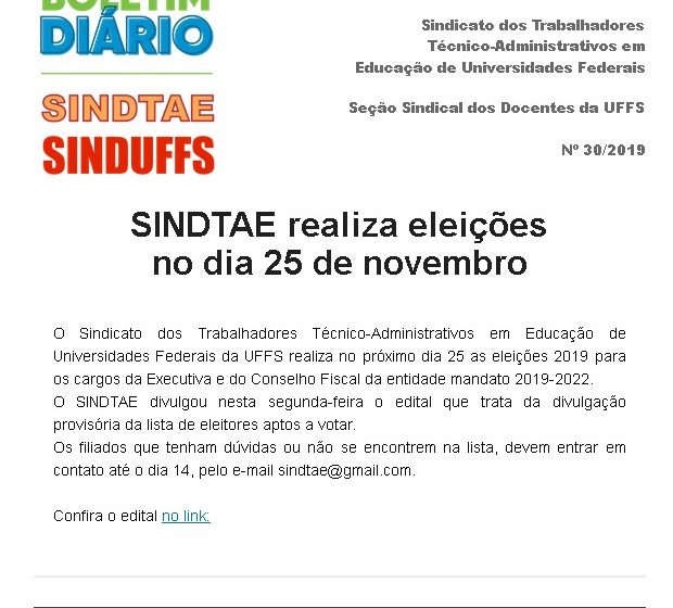 Boletim SINDUFFS-SINDTAE 30/2019