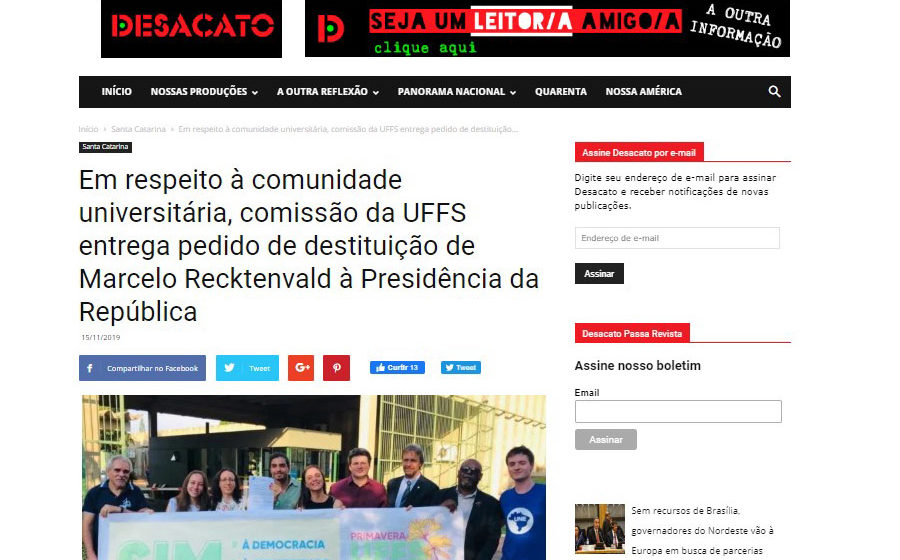 Desacato acompanha o processo do pedido de destituição de Marcelo Recktenvald