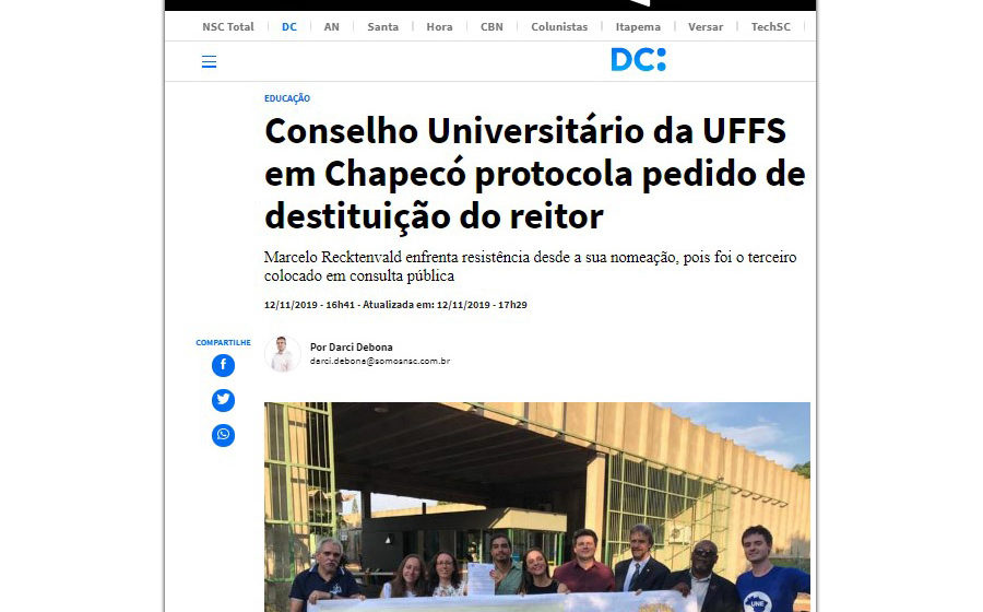 Matéria da NSC destaca entrega do pedido de destituição