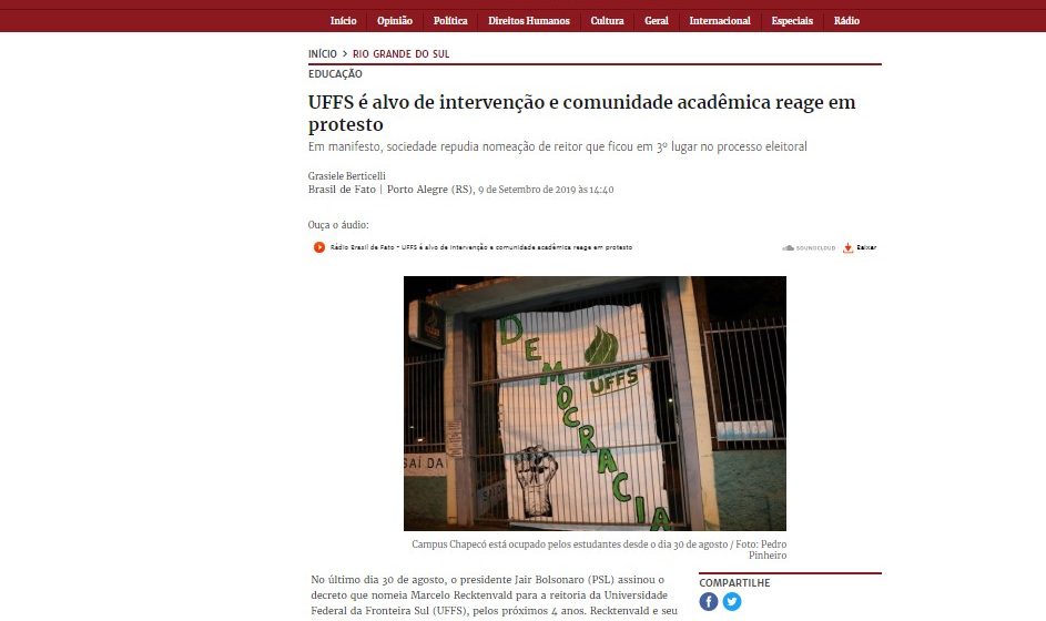 Brasil de Fato noticia intervenção na UFFS