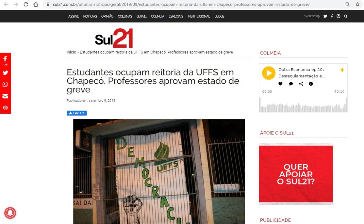Sul 21 noticia ocupação da reitoria da UFFS