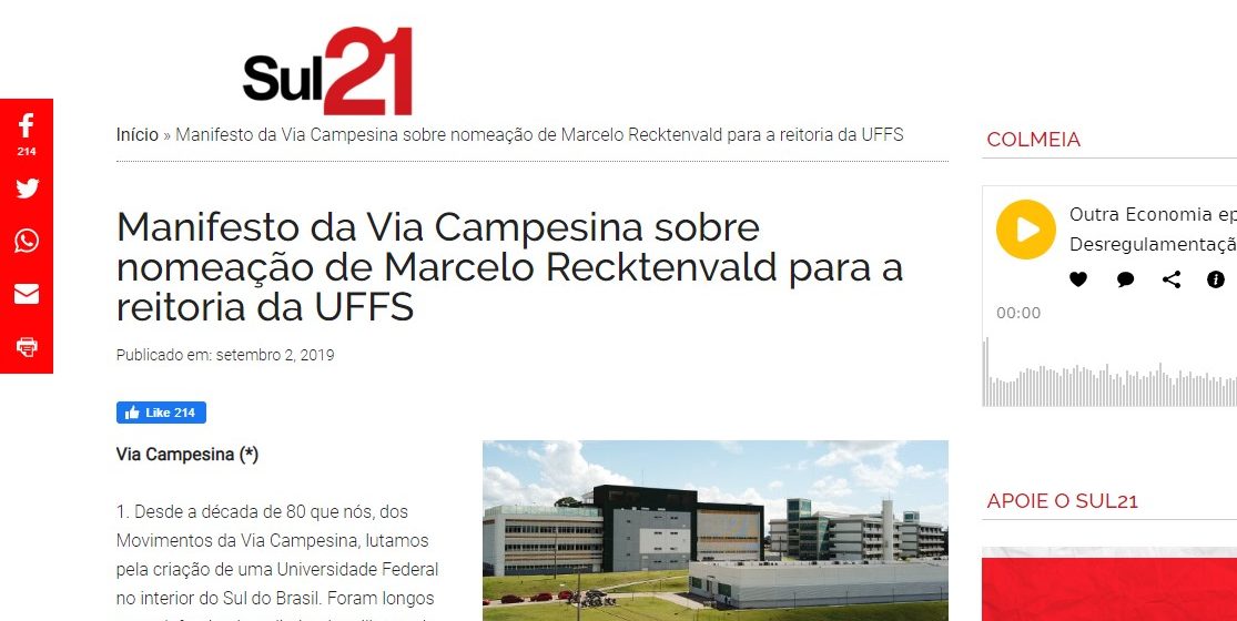 Sul 21 destaca manifesto da Via Campesina contra escolha de reitor da UFFS