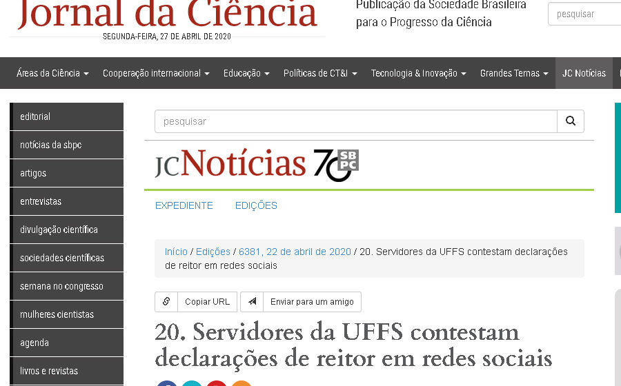 Jornal da Ciência, da SBPC, publica nota de servidores contra as declarações de Recktenvald