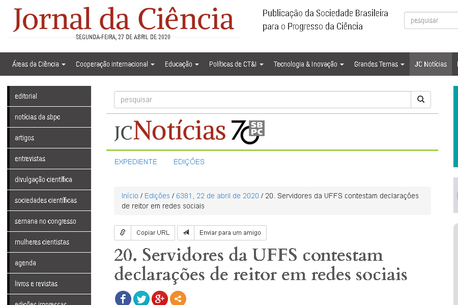 Jornal da Ciência, da SBPC, publica nota de servidores contra as declarações de Recktenvald